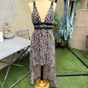 Y2K Leopard Print Dress With High Low Cut and Deep V Neckline